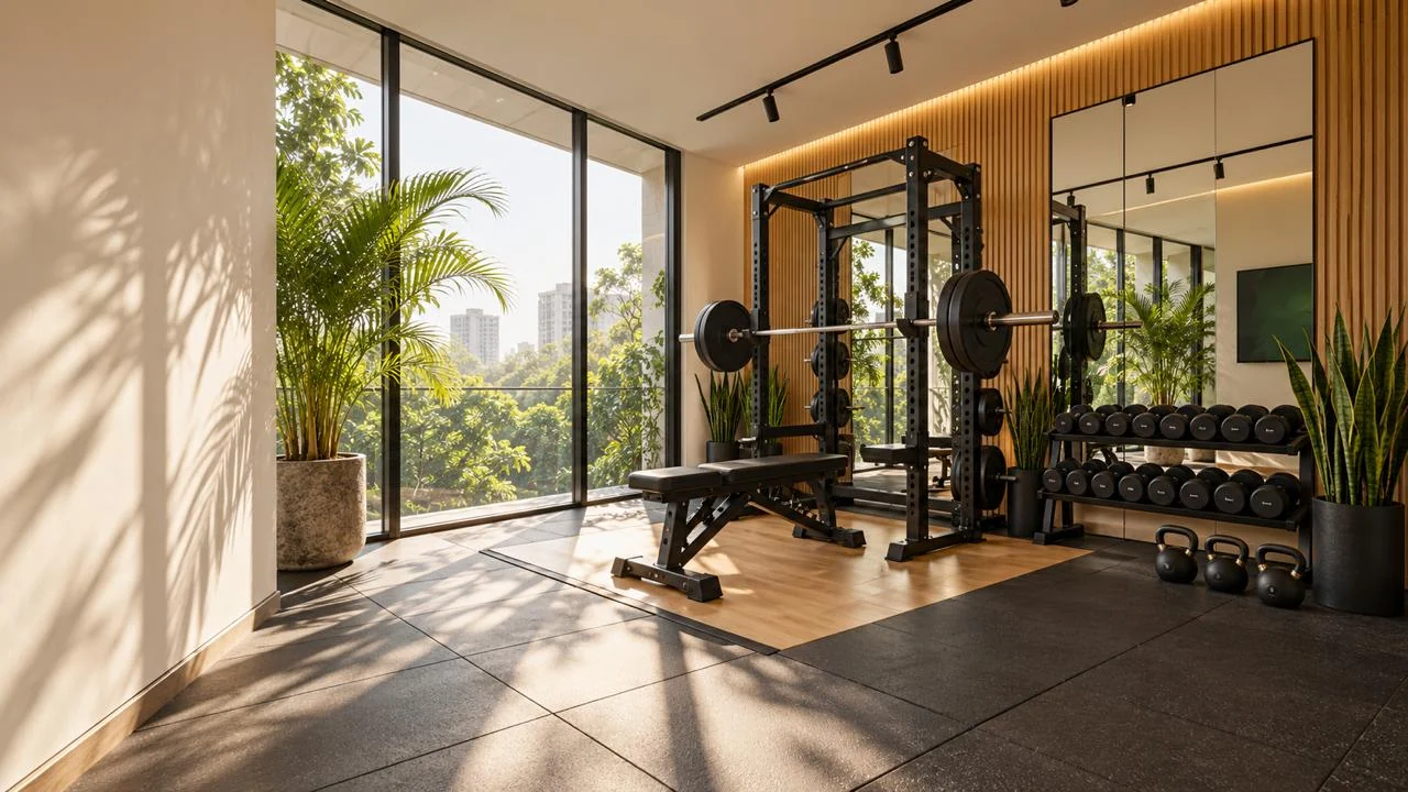 A bright home gym with floor-to-ceiling windows onto trees, a black rack and bench on a light oak platform, an oak slat wall with a mirror, dumbbells, kettlebells, palms and snake plants