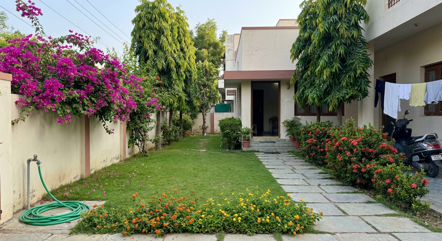 Villa garden with lawn and trees